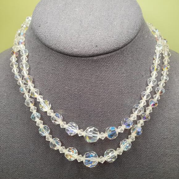 Vintage 1950s Aurora Borealis Crystal Beaded Necklace, Double Strand, 16 Inches - Picture 2 of 10
